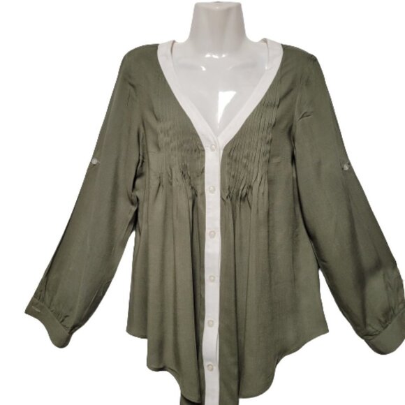 Sage Green Long Sleeve Cotton Blouse Top with White Trim  Size XS  S   M - Picture 3 of 6